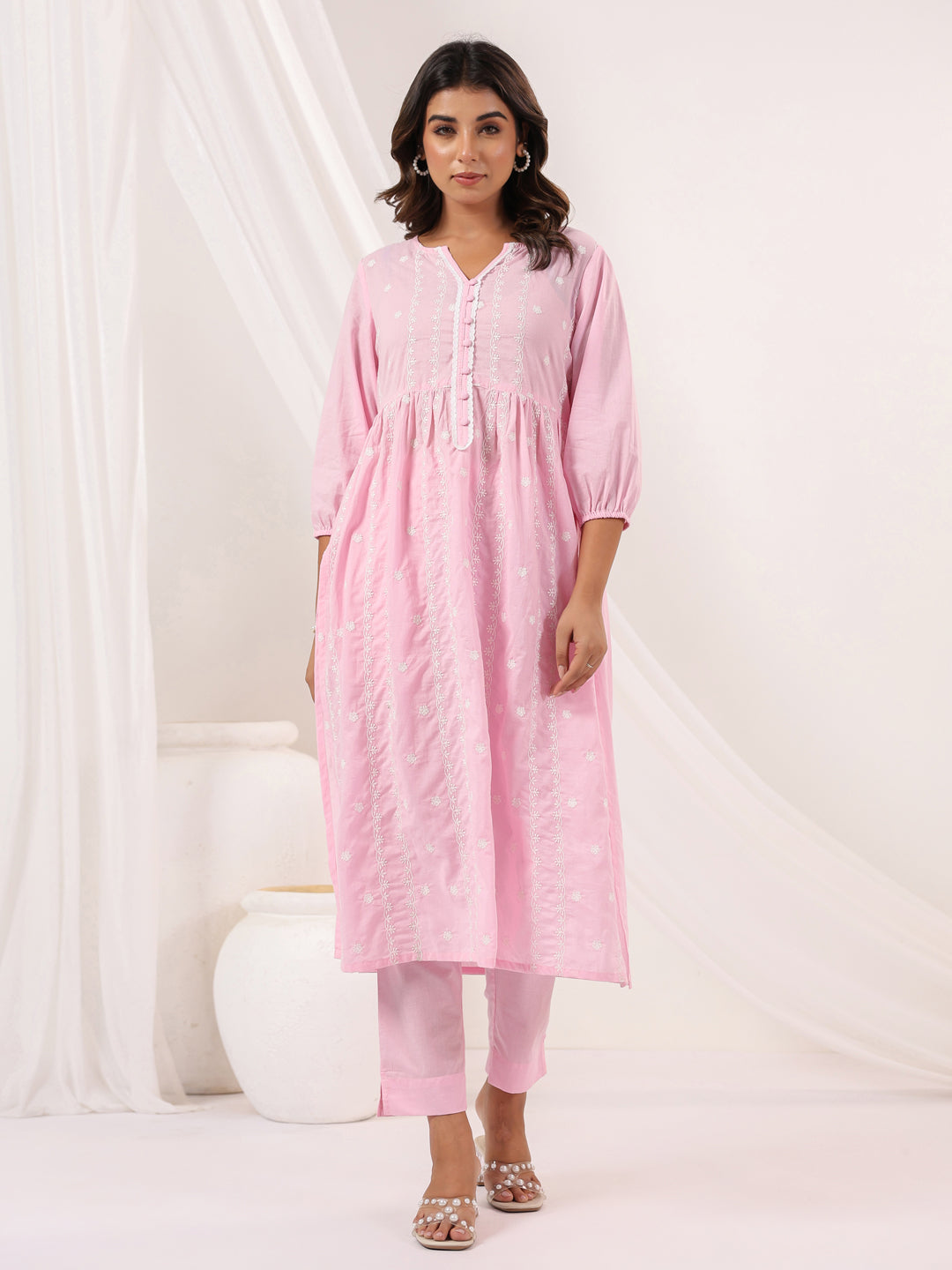 Janasya Light Cotton Embroidered A-Line Kurta Set | Grocsy