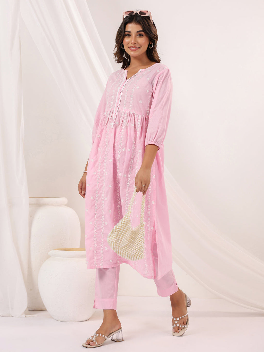 Janasya Light Cotton Embroidered A-Line Kurta Set | Grocsy
