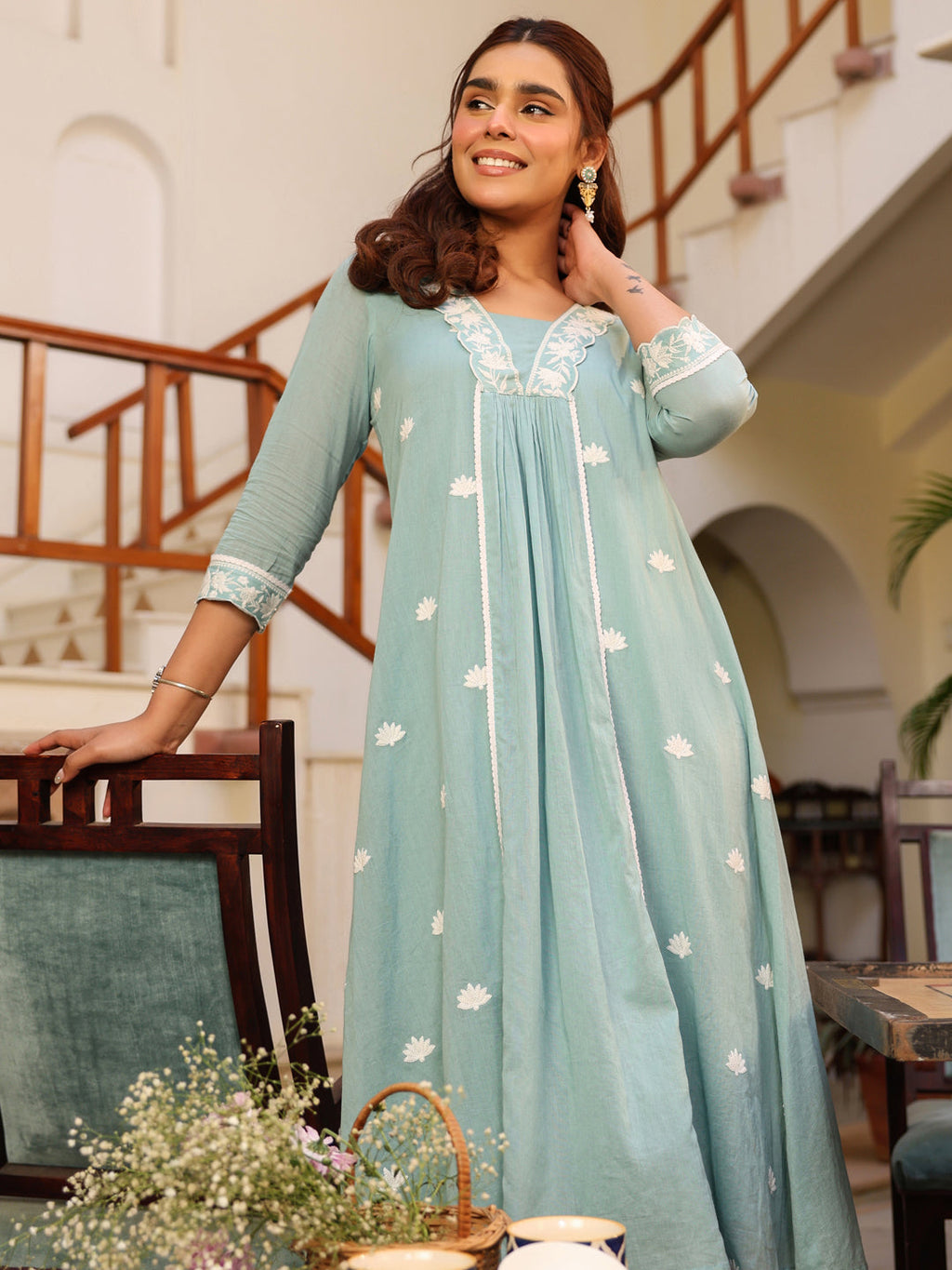 Janasya Light Cotton Embroidered A-Line Kurta Set | Grocsy