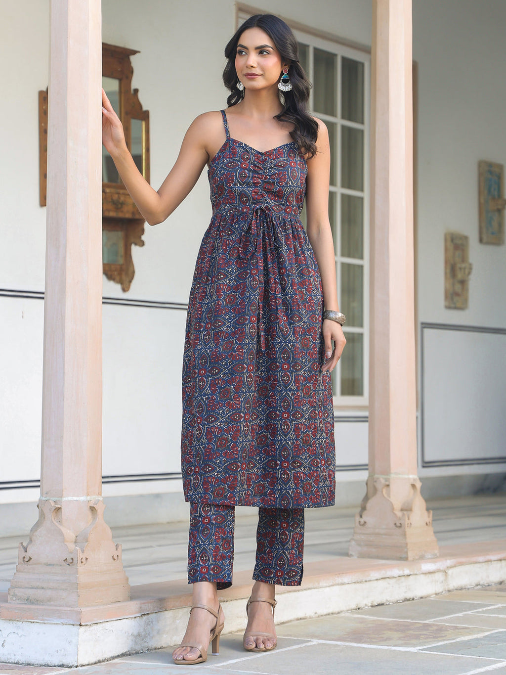 Janasya Dark Cotton Ethnic Motifs A-Line Kurta Set | Grocsy