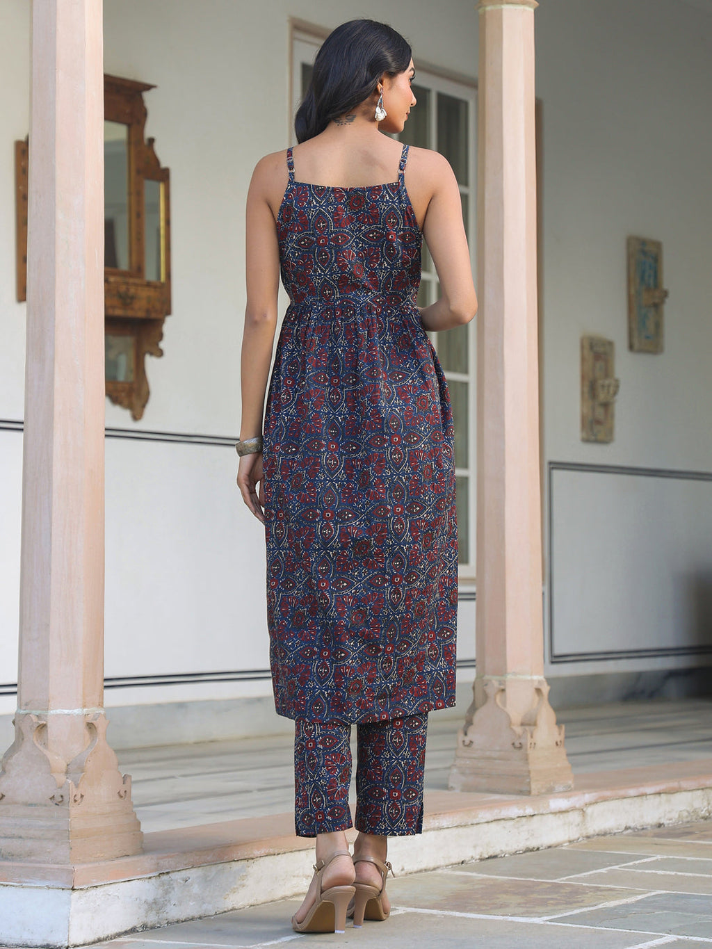 Janasya Dark Cotton Ethnic Motifs A-Line Kurta Set | Grocsy