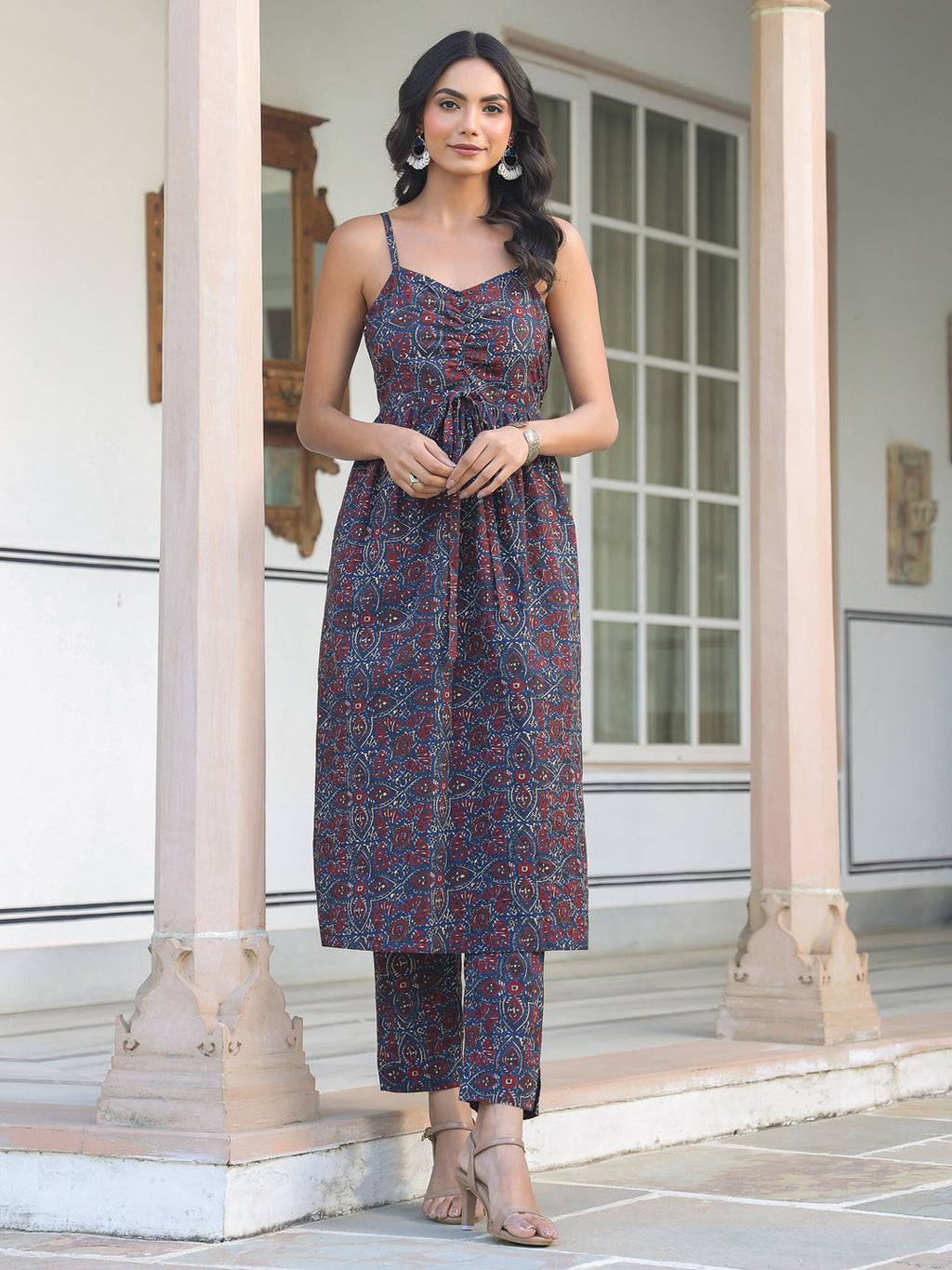 Janasya Dark Cotton Ethnic Motifs A-Line Kurta Set | Grocsy