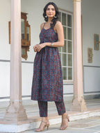 Janasya Dark Cotton Ethnic Motifs A-Line Kurta Set | Grocsy