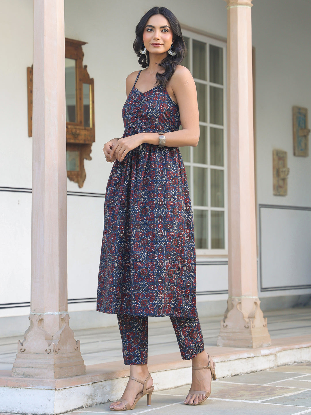 Janasya Dark Cotton Ethnic Motifs A-Line Kurta Set | Grocsy