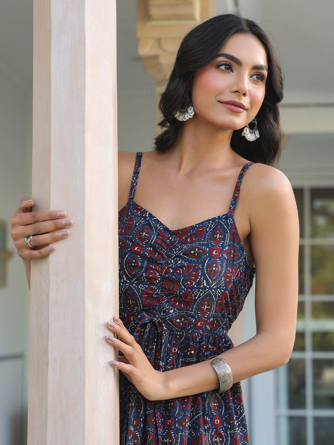 Janasya Dark Cotton Ethnic Motifs A-Line Kurta Set | Grocsy
