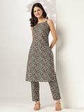 Janasya Dark Cotton Ethnic Motifs Straight Kurta Set | Grocsy