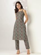 Janasya Dark Cotton Ethnic Motifs Straight Kurta Set | Grocsy
