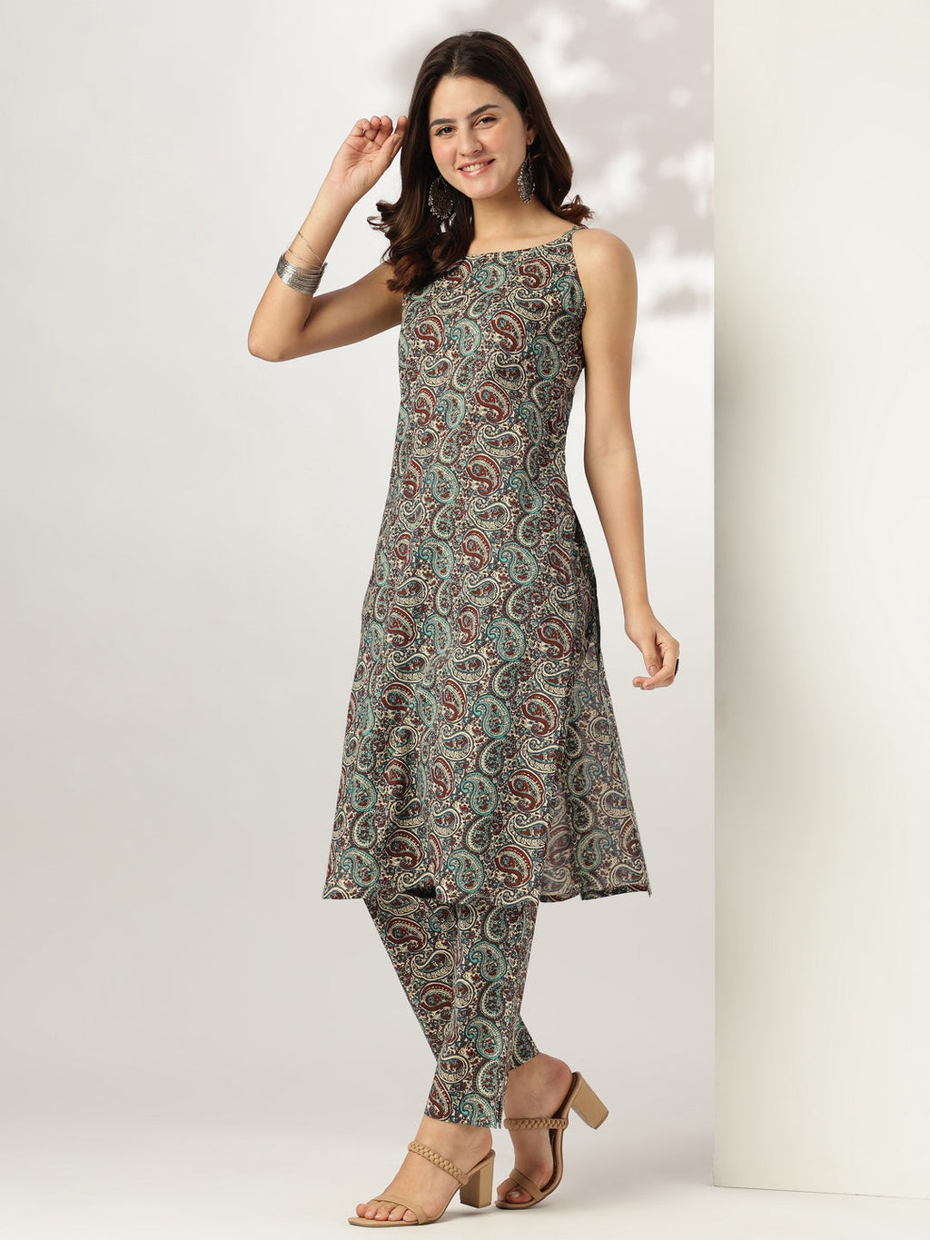 Janasya Dark Cotton Ethnic Motifs Straight Kurta Set | Grocsy