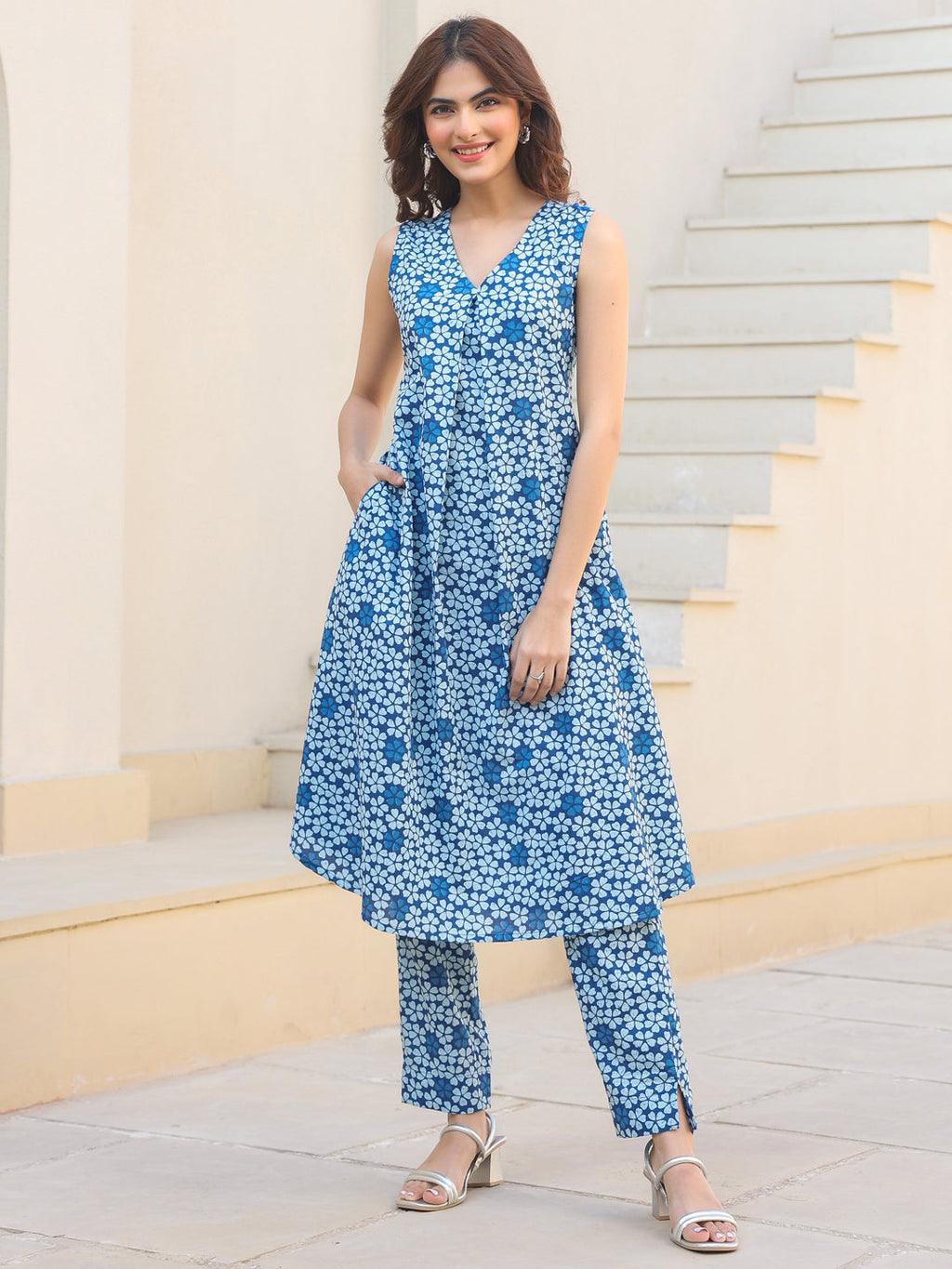 Janasya Dark Cotton Floral A-Line Kurta Set | Grocsy