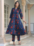 Janasya Dark Cotton Floral A-Line Kurta Set | Grocsy