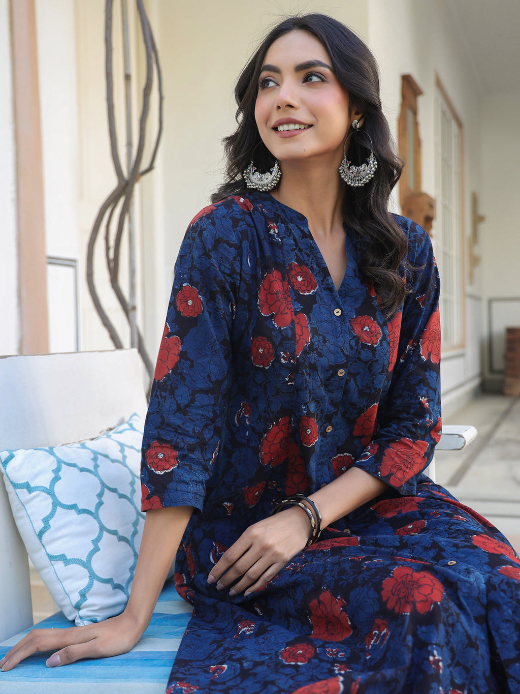Janasya Dark Cotton Floral A-Line Kurta Set | Grocsy