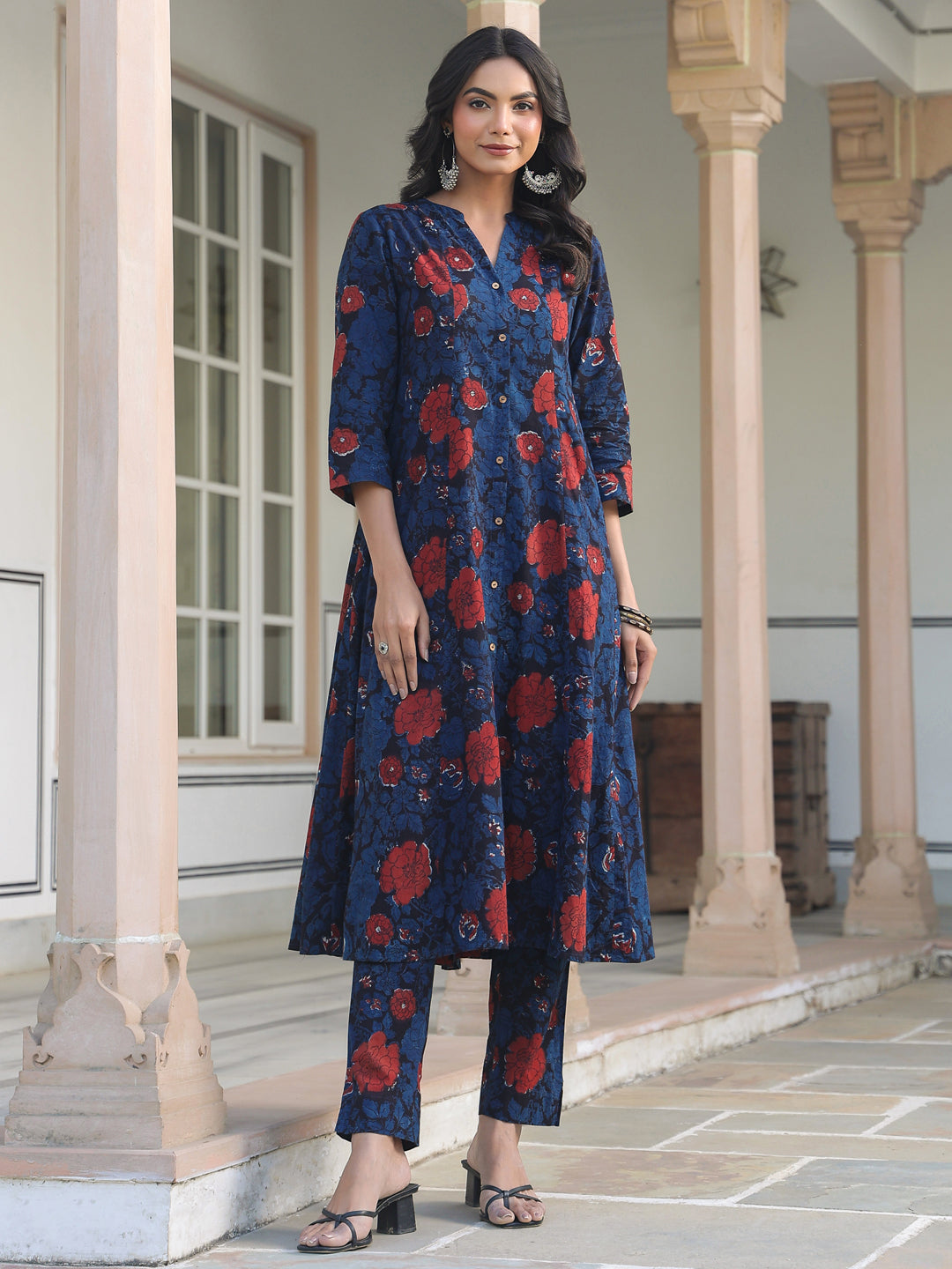 Janasya Dark Cotton Floral A-Line Kurta Set | Grocsy