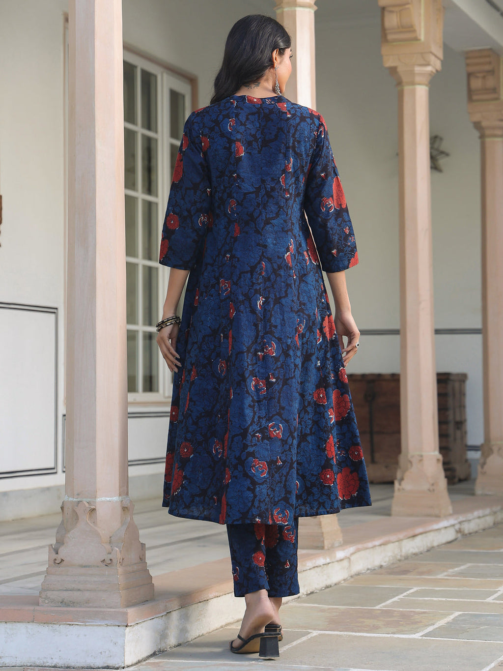 Janasya Dark Cotton Floral A-Line Kurta Set | Grocsy