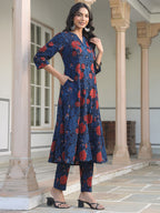 Janasya Dark Cotton Floral A-Line Kurta Set | Grocsy
