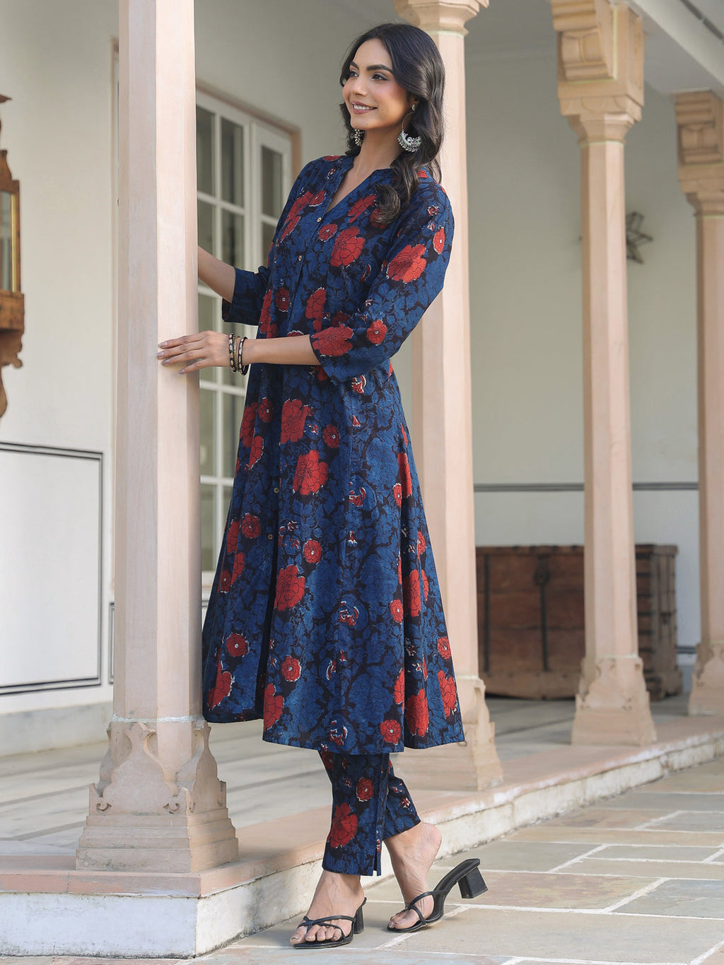 Janasya Dark Cotton Floral A-Line Kurta Set | Grocsy