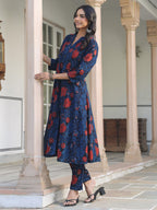 Janasya Dark Cotton Floral A-Line Kurta Set | Grocsy