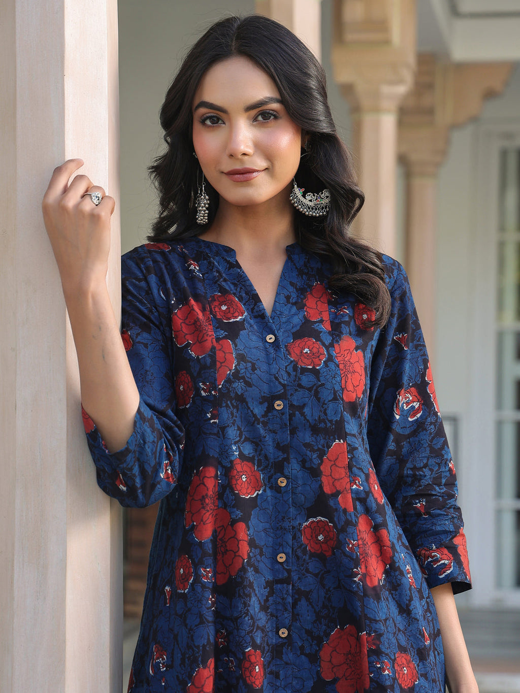Janasya Dark Cotton Floral A-Line Kurta Set | Grocsy