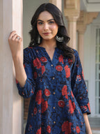 Janasya Dark Cotton Floral A-Line Kurta Set | Grocsy