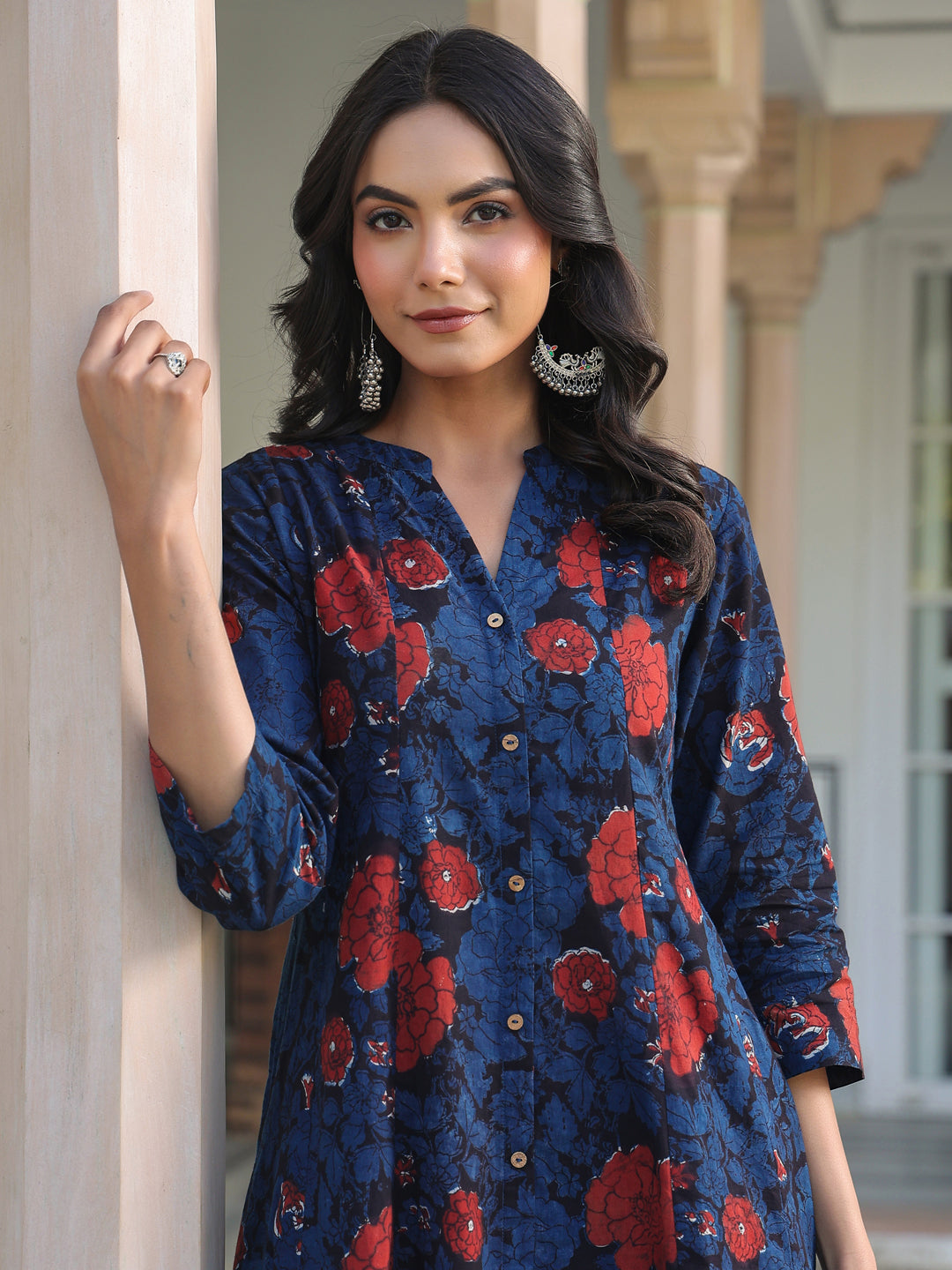 Janasya Dark Cotton Floral A-Line Kurta Set | Grocsy