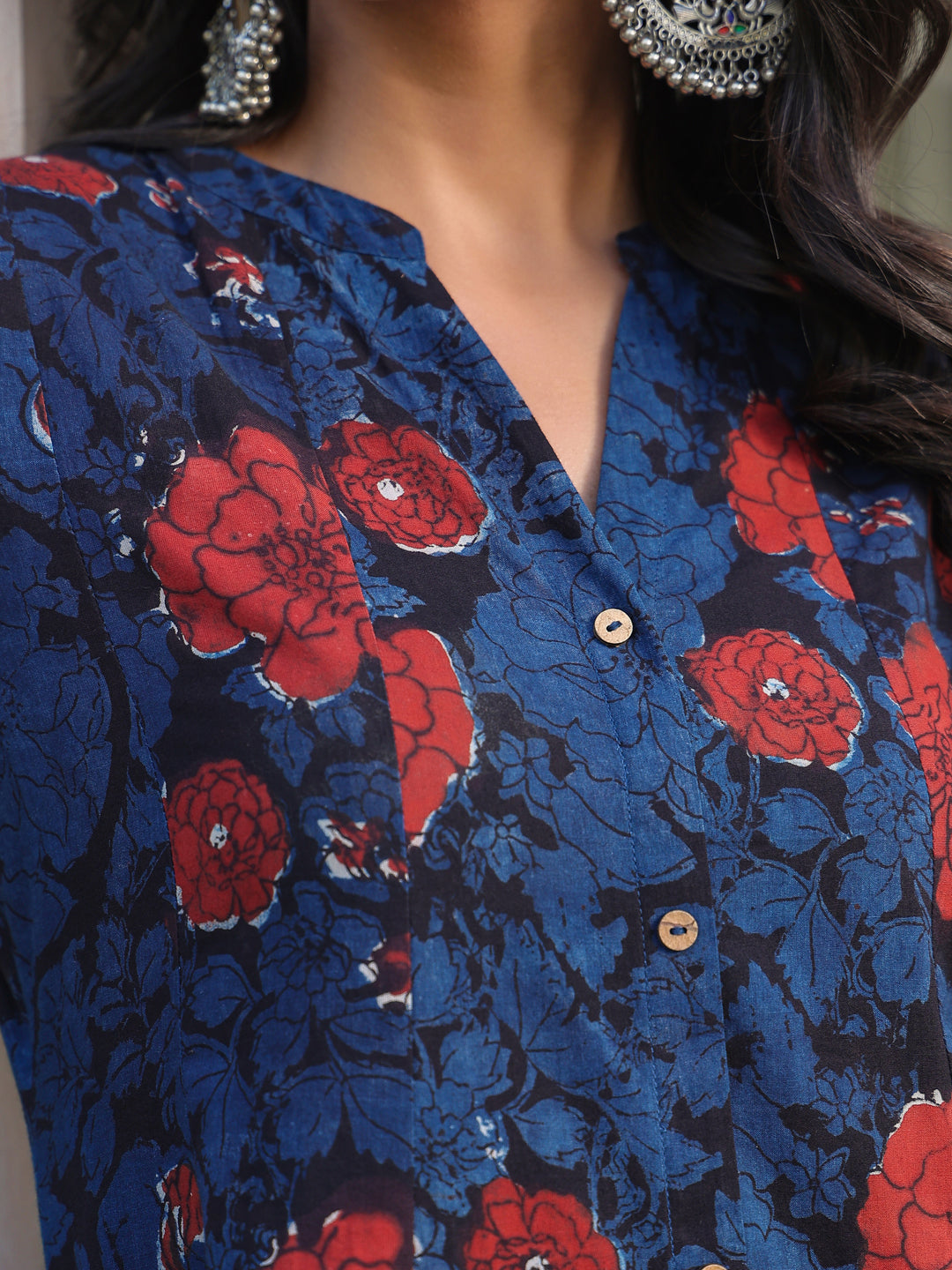 Janasya Dark Cotton Floral A-Line Kurta Set | Grocsy