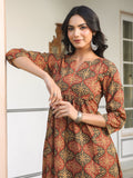 Janasya Dark Cotton Ethnic Motifs A-Line Kurta Set | Grocsy