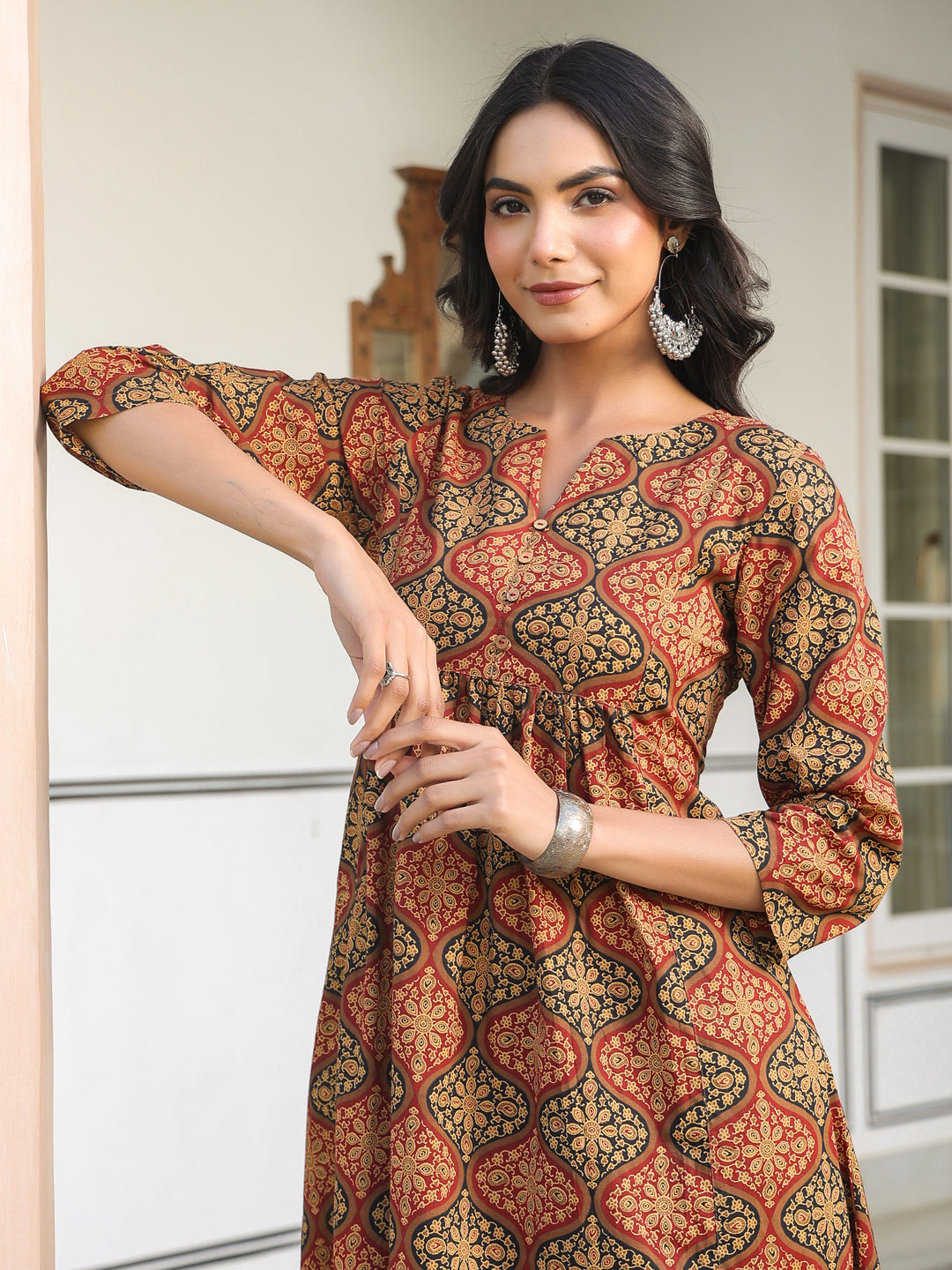 Janasya Dark Cotton Ethnic Motifs A-Line Kurta Set | Grocsy