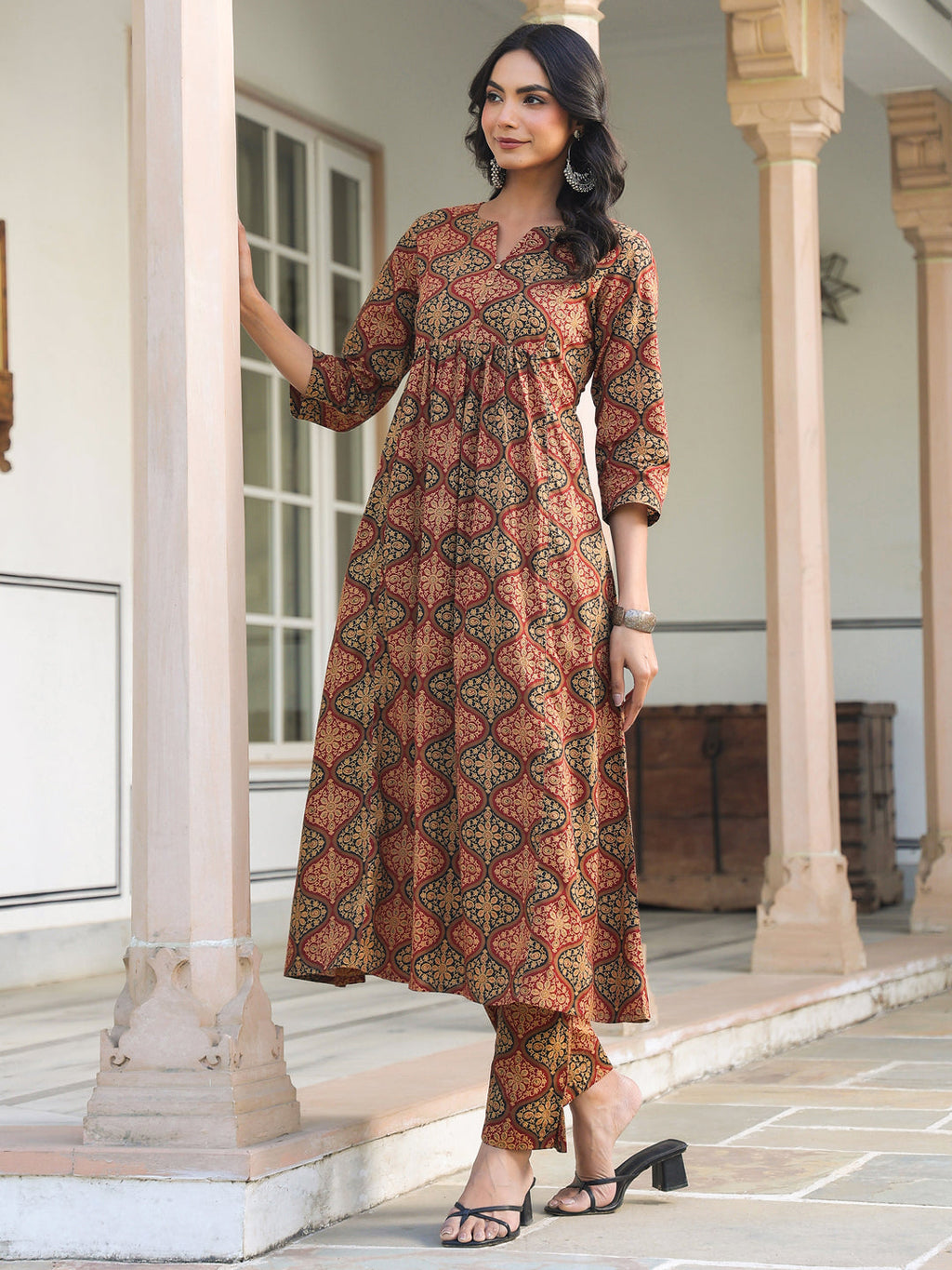 Janasya Dark Cotton Ethnic Motifs A-Line Kurta Set | Grocsy