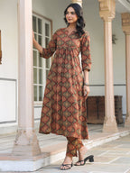 Janasya Dark Cotton Ethnic Motifs A-Line Kurta Set | Grocsy