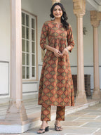 Janasya Dark Cotton Ethnic Motifs A-Line Kurta Set | Grocsy