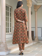 Janasya Dark Cotton Ethnic Motifs A-Line Kurta Set | Grocsy
