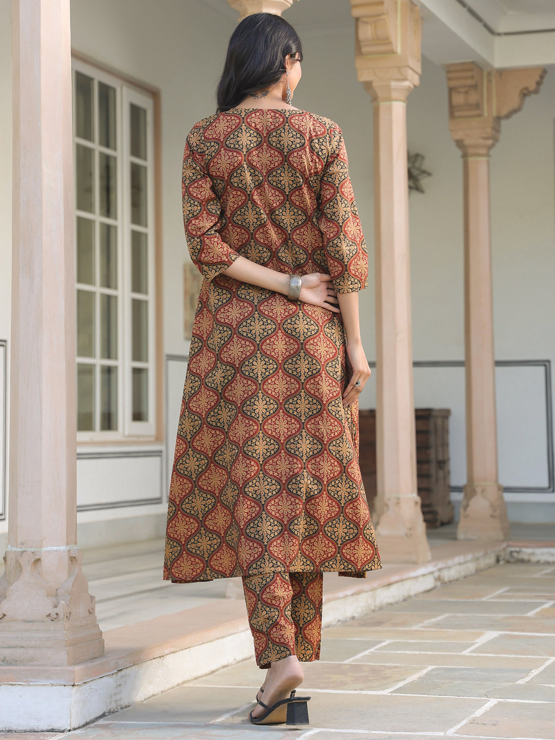 Janasya Dark Cotton Ethnic Motifs A-Line Kurta Set | Grocsy