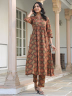Janasya Dark Cotton Ethnic Motifs A-Line Kurta Set | Grocsy