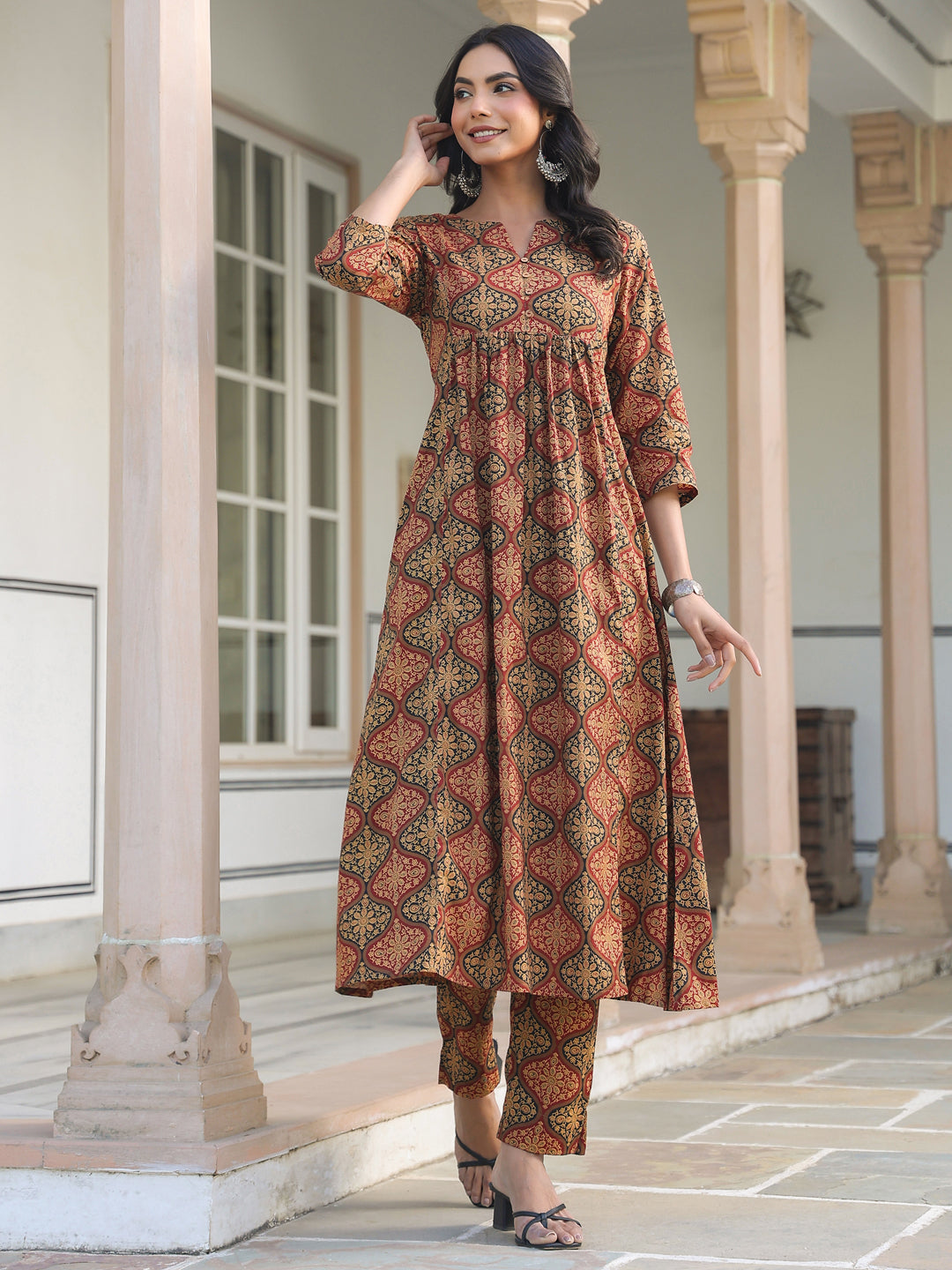 Janasya Dark Cotton Ethnic Motifs A-Line Kurta Set | Grocsy