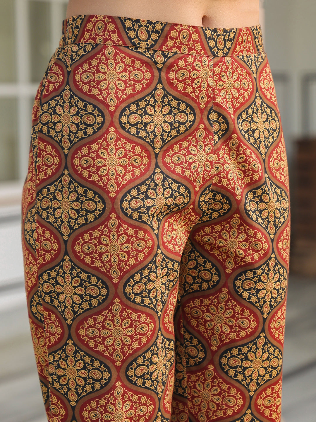 Janasya Dark Cotton Ethnic Motifs A-Line Kurta Set | Grocsy