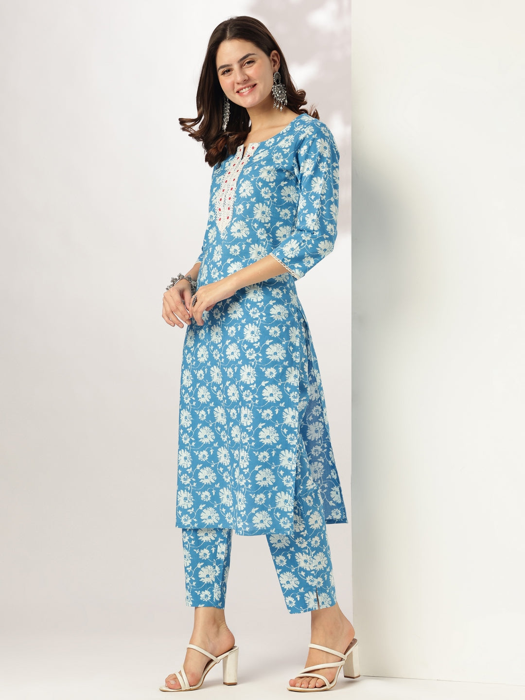 Janasya Light Cotton Floral Straight Kurta Set | Grocsy