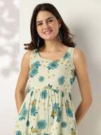 Janasya Light Cotton Floral Tiered Kurta Set | Grocsy