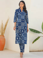 Janasya Dark Cotton Ethnic Motifs Straight Kurta Set | Grocsy