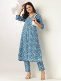 Janasya Dark Cotton Floral A-Line Kurta Set | Grocsy