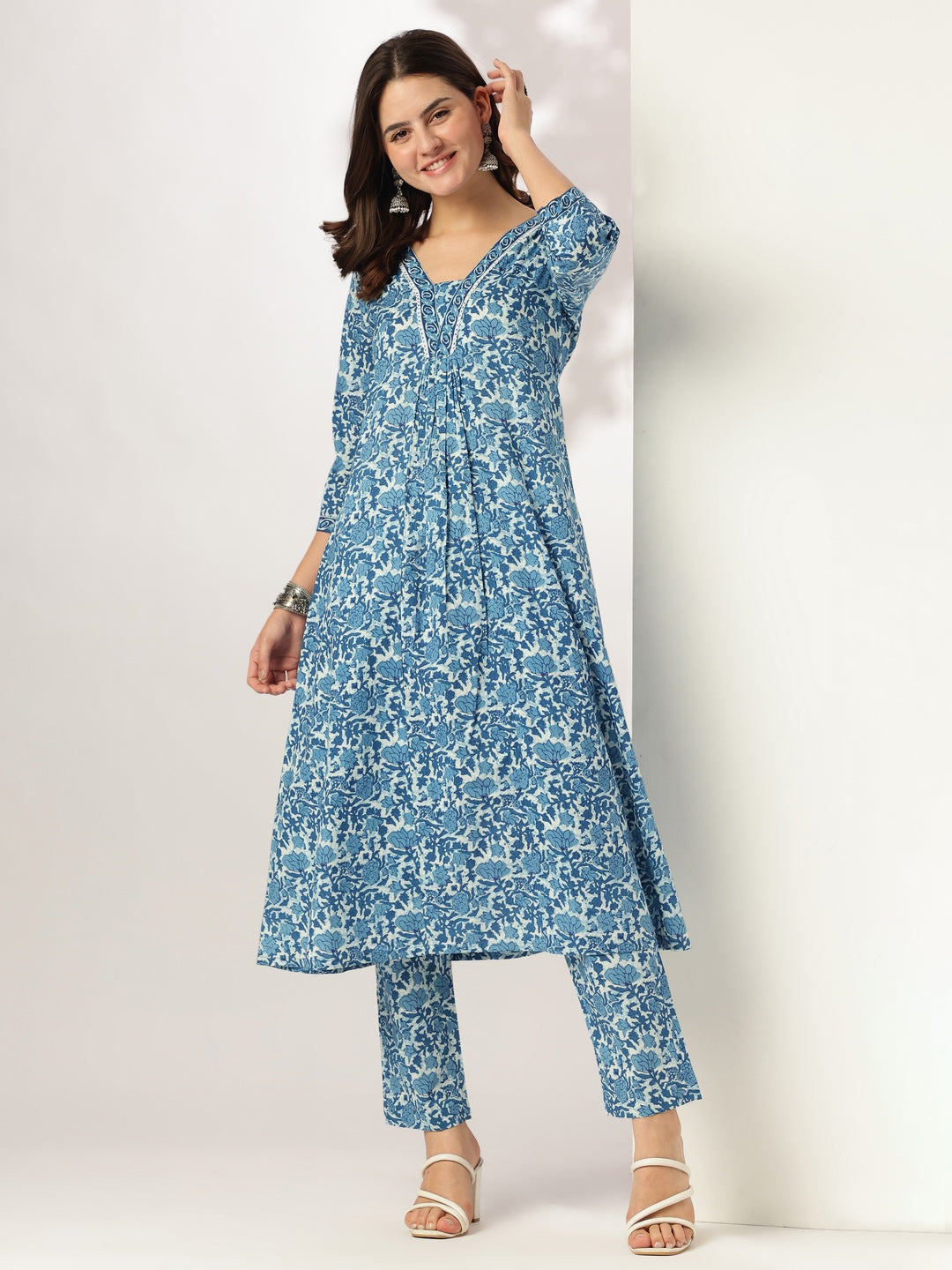 Janasya Dark Cotton Floral A-Line Kurta Set | Grocsy