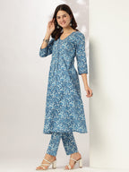 Janasya Dark Cotton Floral A-Line Kurta Set | Grocsy