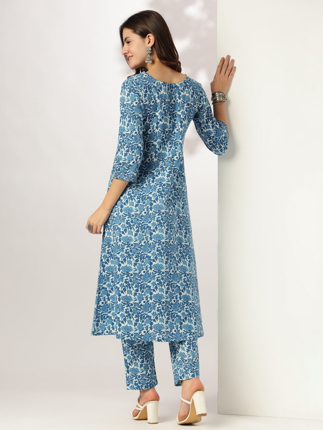 Janasya Dark Cotton Floral A-Line Kurta Set | Grocsy
