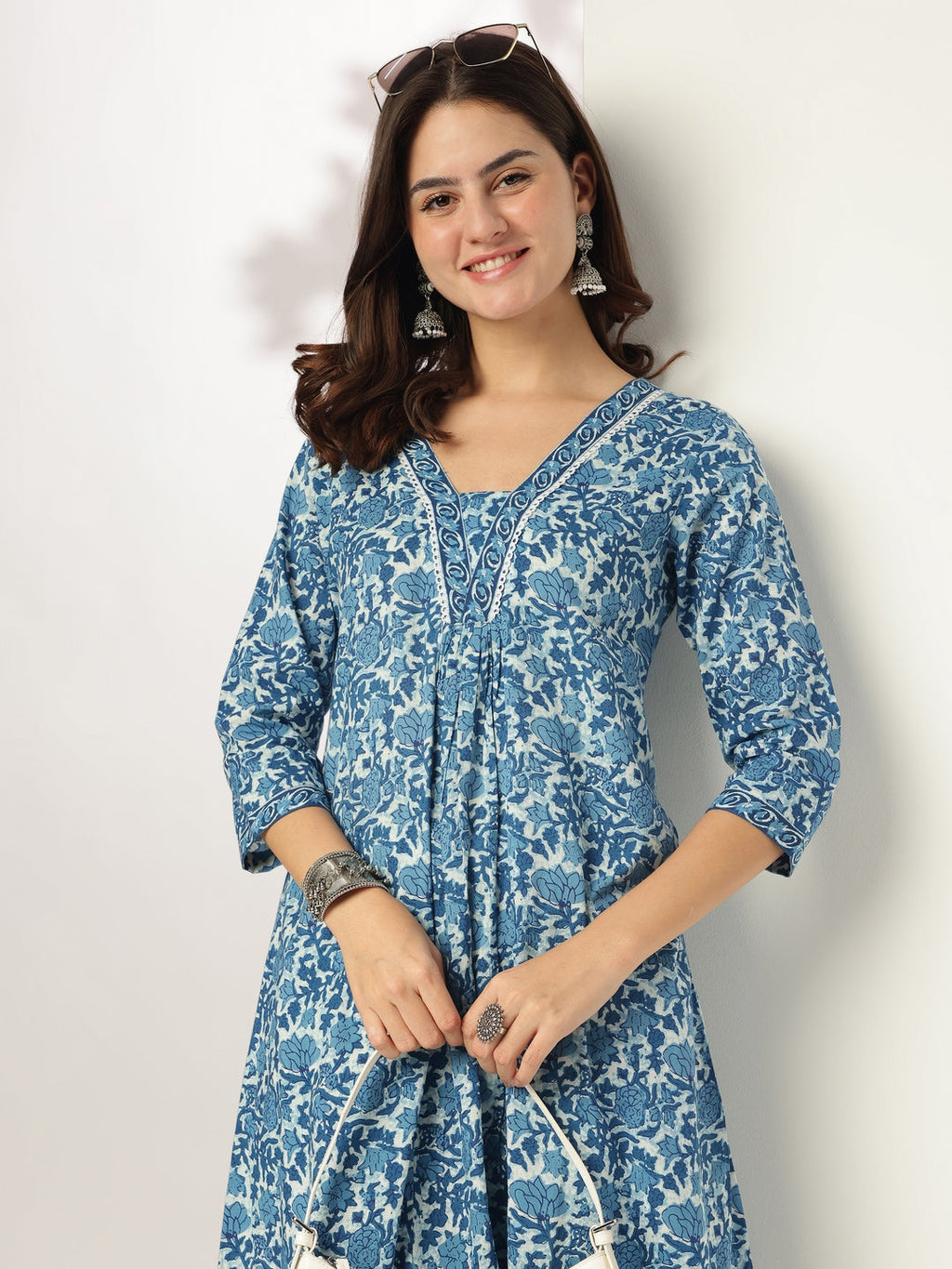 Janasya Dark Cotton Floral A-Line Kurta Set | Grocsy