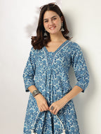 Janasya Dark Cotton Floral A-Line Kurta Set | Grocsy