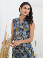 Janasya Dark Cotton Floral A-Line Kurta Set | Grocsy