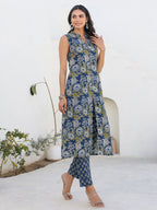 Janasya Dark Cotton Floral A-Line Kurta Set | Grocsy