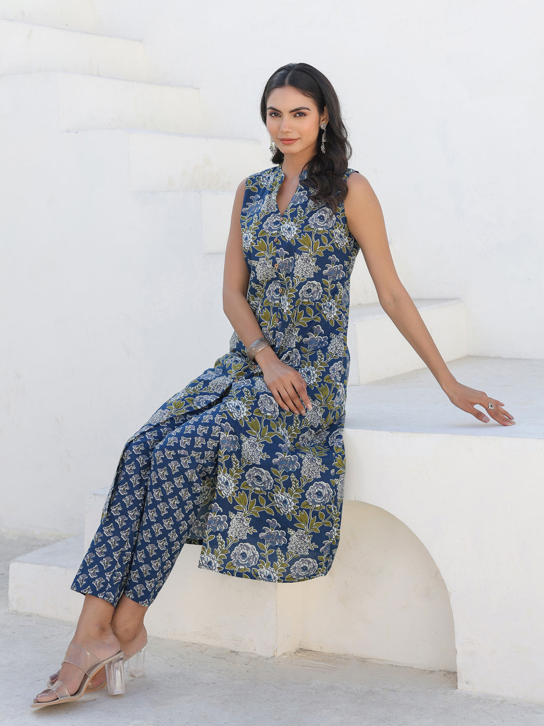 Janasya Dark Cotton Floral A-Line Kurta Set | Grocsy