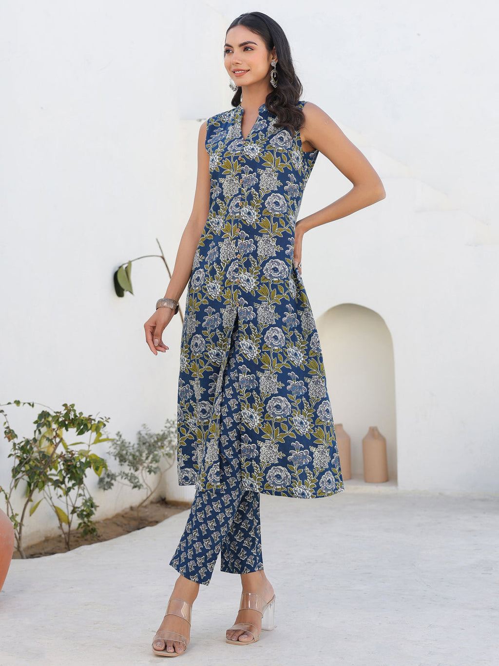Janasya Dark Cotton Floral A-Line Kurta Set | Grocsy