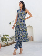 Janasya Dark Cotton Floral A-Line Kurta Set | Grocsy