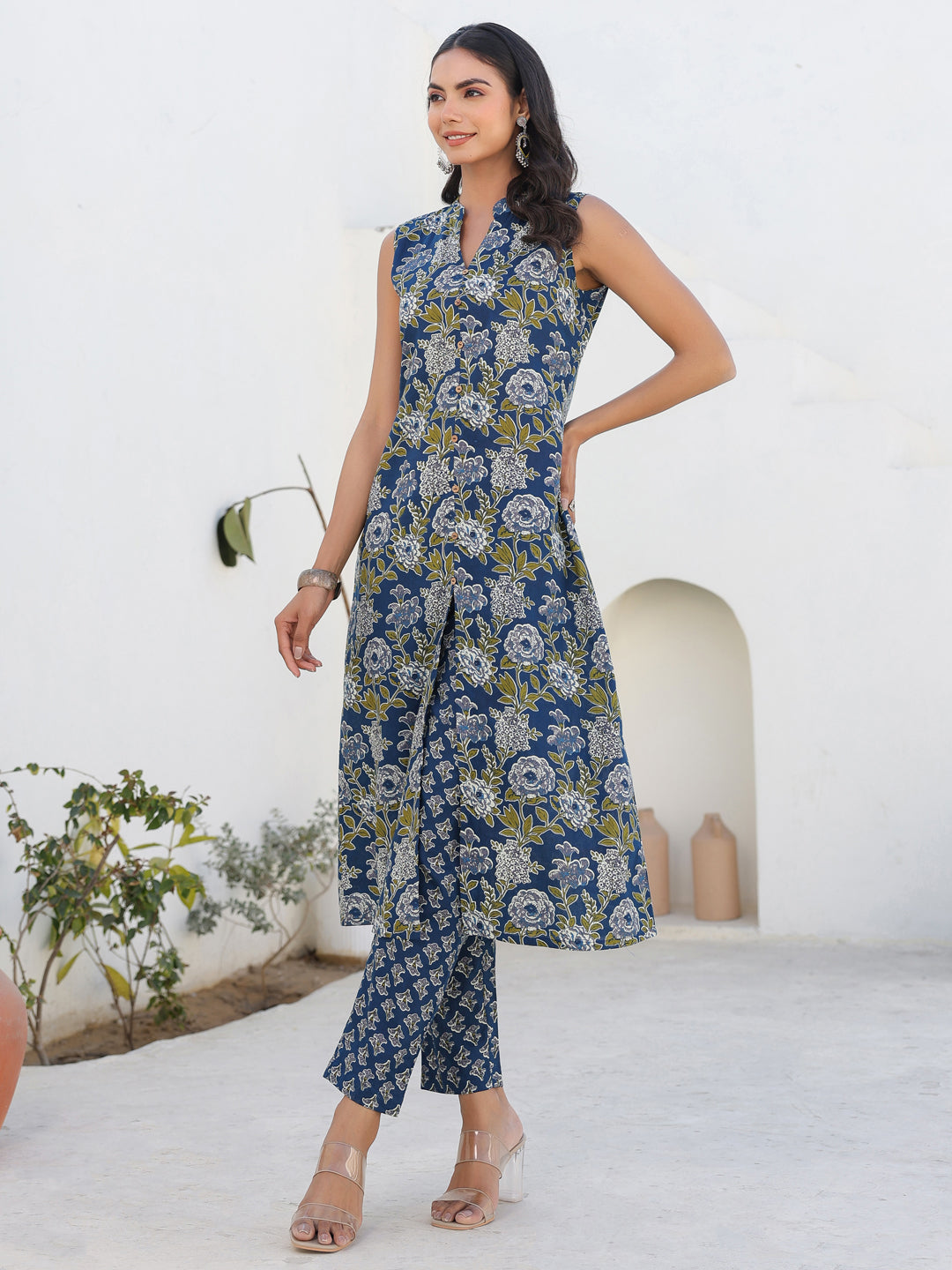 Janasya Dark Cotton Floral A-Line Kurta Set | Grocsy