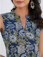 Janasya Dark Cotton Floral A-Line Kurta Set | Grocsy